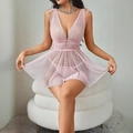 Dettaglio baby-doll in rete rosa a pois con rifiniture in pizzo floreale in vita - S / Rosa