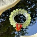 Elegant beaded bracelet with light green jade beads, gold leaf pendant and red accents - S047-red Maple Leaf Green Bead Bracelet #sz336