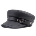 Classic black leather flat top baker boy hat with silver buckle and textured finish - 58cm / Black With Belt Buckle