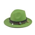 Vibrant green fedora hat with woven band, turquoise stone, beads, and silver coin pendant - 21-Fresh Green