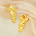 Exaggerated 18K gold-plated triple cascading floral drop earrings on champagne silk - Triple Peach Blossom Dangles (E0931)