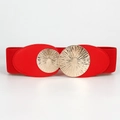 Detail of red elastic waist belt featuring dual textured golden metal buckle discs - Red