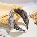 Floral print wide headband with purple and green patterns in a cross knot design - Purple Small Floral (FK-B180)