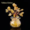 Handmade citrine crystal money tree in a transparent glass vase on black background - 18 Crystals Citrine (Mini Fish Tank)