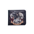 Minimalist bifold black wallet with eagle skull and vintage scroll script print - English Skull
