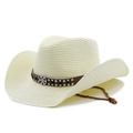 Detail of woven straw cowboy hat featuring studded leather band and adjustable wind rope - M (56-58cm) / Creamy White