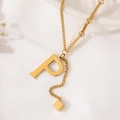 Golden titanium steel necklace featuring a letter P pendant and square charm tassel detail - Gold Initial P (8847)