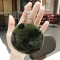 Faux fur pompom keychain in green camouflage with silver metal clasp and ring - Army Green Leopard Pom Pom