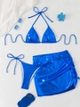 Three-piece metallic blue bikini set with skirt and side-tie details for women - Blue