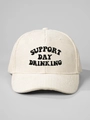 Close-up of Support Day Drinking embroidery on a vintage beige corduroy baseball cap - Beige