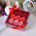 Gift box with 9 red and pink gradient soap roses finished with a red ribbon bow - 9 Pieces / Red Gradient