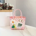 Pink and white checkered woven picnic bag with daisy and bow details on marble - Sunflower Bow Decoration / Beige and Pink Grid