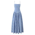 Blaues Maxikleid mit Blumenmuster, Spaghettiträgern und elegantem französischen Design - S / Königsblau