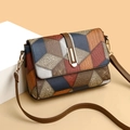 Vintage small square shoulder bag featuring geometric color blocking and litchi texture - Blue-Brown Patchwork