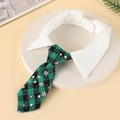 Adjustable green plaid dog tie collar with snowflake pattern and shirt lapel design - Size S (13-19cm) / Green Snowflake Plaid