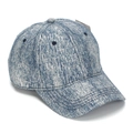 Détail d'une casquette de baseball en denim délavé bleu et blanc avec coutures renforcées - Taille Unique(Réglable) / Texture Lavée Bleue (A)