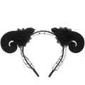 Detail of black gothic demon horn headband with lace veil and fabric flower decoration - Ram Skull