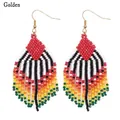 Bohemian multicolored seed bead woven tassel earrings with golden metal ear hooks - Fan Shaped Multicolor (MG-E220018A)