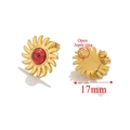 Golden stainless steel sun flower stud earrings with red natural stone in 17mm size - Single Piece / Gold/Red Marble