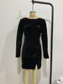 Elegant black sequin mini dress with long sleeves and side slit for parties - S / Black
