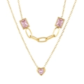 Double-layered gold necklace with pink rectangular zircon and heart-shaped pendant - Pink (KN282937-SP)