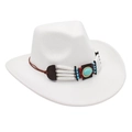 Detailed view of white felt western cowboy hat with ethnic beaded turquoise hatband - One Size / White