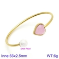 Golden open bangle featuring pink heart gemstone and white shell pearl, size 56x2.5mm - Gold Pink Heart Shell Pearl Style (KB123117-K)