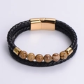 Bracelet double en cuir tressé noir avec fermoir magnétique doré et perles en pierre - Style Or C (Double Tour Noir/Fermoir Doré/Pierre de Paysage)