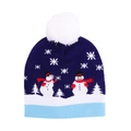 Close-up of knit winter beanie featuring navy base, snowman pattern and white pom-pom - Blue Snowman (Adult)