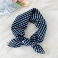Dark blue checkered cotton linen scarf with elegant white lace trim for women - Navy Plaid