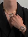 Punk Y2K gold thick chain necklace and bracelet set with rhinestone toggle clasp - Gold-Tone Alloy Chunky Chain Necklace and Bracelet Set