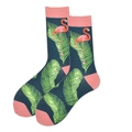 Dunkelblaue mittelhohe Socken mit pinken Flamingos und tropischen Palmenblättern - 38-46 / Dunkelblau Tropisch