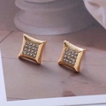 Close-up of gold-plated square stud earrings featuring a micro-paved crystal center design - D21 Gold Array Square