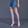 Detail shot of stretch fit over-the-knee socks with pink and grey horizontal stripes - Pink & White Thin Stripes