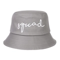 Close-up of white squad script embroidery on gray cotton twill baseball cap with neat stitching - Grey Squad