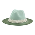 Green gradient wool fedora hat with elegant white pearl beads and wide brim style - M(56-58cm) / Double Green Gradient