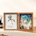3D walnut shadow box frame featuring blue preserved roses and botanical art display - 7" / Walnut