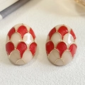Close-up of vintage oval enamel earrings with red and beige fish scale pattern details - 1.8*2.4cm / Red Fish Scale Style (Style D)