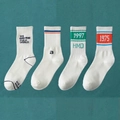 Pack of four white crew socks with assorted colorful graphic prints and athletic stripes - Unisex (35-44) / Mixed Theme (75-97-Letter a)