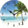 Silent vintage wood wall clock featuring a tropical beach and palm tree design - Coconut Tree Beach