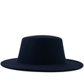 Classic dark navy wool felt boater hat with a flat top and wide brim in minimalist style - M (56-58cm) / Navy Blue