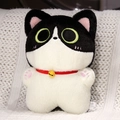 Plush cat pillow toy with black and white fur, green eyes and a red collar with a golden bell - Cow / 40CM