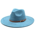Detail of blue wide brim fedora hat featuring a brown leather band and silver buckle - M(56-59CM) / Teal