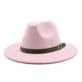 Dettaglio cappello fedora rosa a tesa larga con fascia intrecciata verde e fibbia argento - M (56-58cm) / Rosa