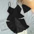 Set pigiama 3 pezzi in raso di seta nero con canotta, pantaloncini a balze e sacchetto regalo - S / Nero
