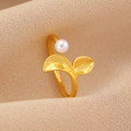 Elegant gold mermaid tail ring with pearl on champagne silk fabric, minimalist luxury style - Gold Double Leaf Pearl Open Ring (6815)