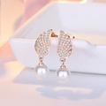 Elegant rose gold angel wing earrings with cubic zirconia and white pearls - Rose Gold Wing Pearl Stud Earrings (C121)