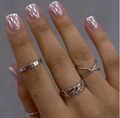 Close-up of a minimalist silver ring set with smooth and chain texture designs - Silver Ring 3-Piece Set (CW460)
