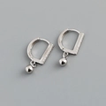 Detail of silver D-shape hoop earrings with crystal pavé and smooth bead drop charms - D-shaped Hoop Earrings (S-E1556) / Silver