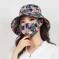 Zonnehoed met bloemenprint voor dames inclusief gezichtsmasker voor tuinieren en buiten - Hoed + Masker Set / Blauw Groot Bloemig
